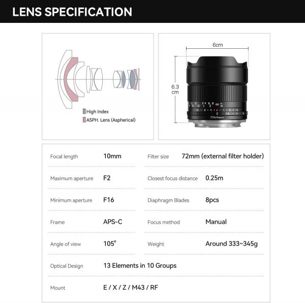 TTArtisan 10mm F2.0 Ultra Grandangolo per Fuji X Mount APS-C