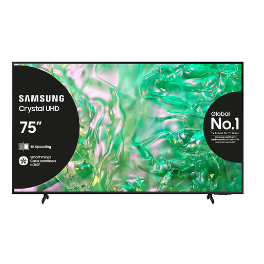 Samsung TV Crystal UHD 4K 75'' UE75DU8070UXZT Smart TV Wi-Fi Black 2024, Processore Crystal 4K, 4K Upscaling, AirSlim Design, OTS Lite