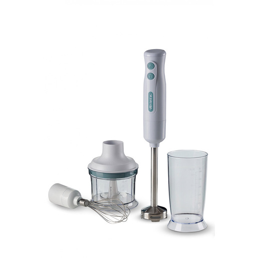 Ariete 601 Frullatore a Immersione con tritatutto, 700 W, 2 velocità, Lama in acciaio inox, Gamba removibile, Bicchiere trasparente, Bianco & Celeste