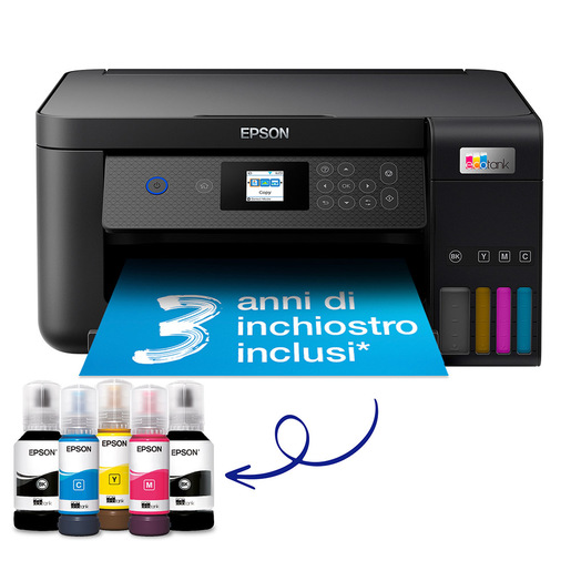 Epson EcoTank ET-2850 stampante multifunzione inkjet 3-in-1 A4, serbatoi ricaricabili alta capacità, 5 flaconi inclusi pari a 14000pag B/N 5200pag col